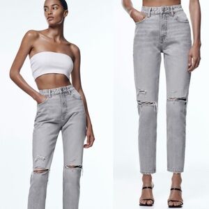 NWT Zara Classic Mom Fit High Rise Ankle Length Jeans Grey Ripped Size US 6